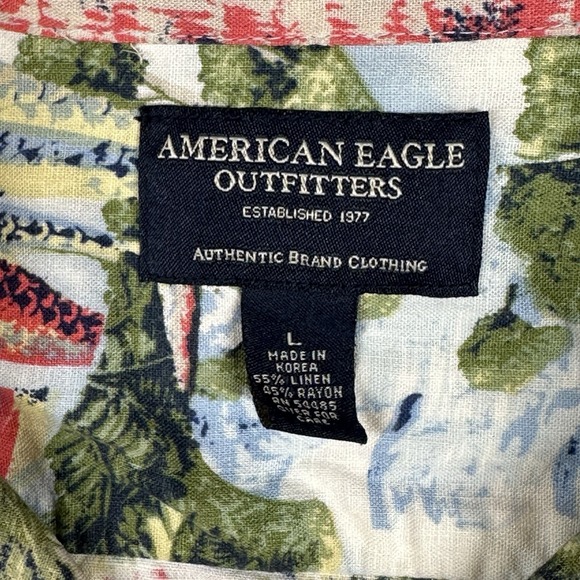 American Eagle Outfitters Hawaiian Shirt L Hula Surfer Tiki Beach Linen Blend - Picture 2 of 6